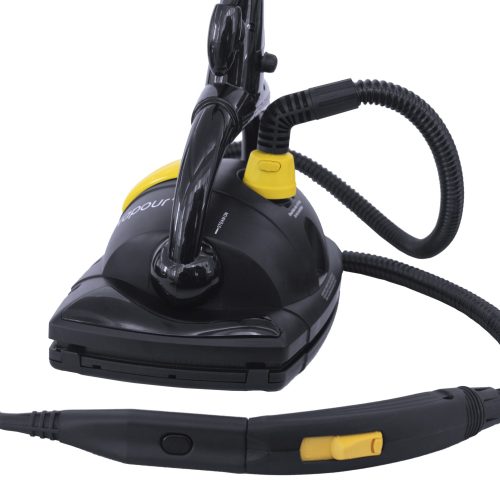 a black and yellow Vapour Plus steam cleaner